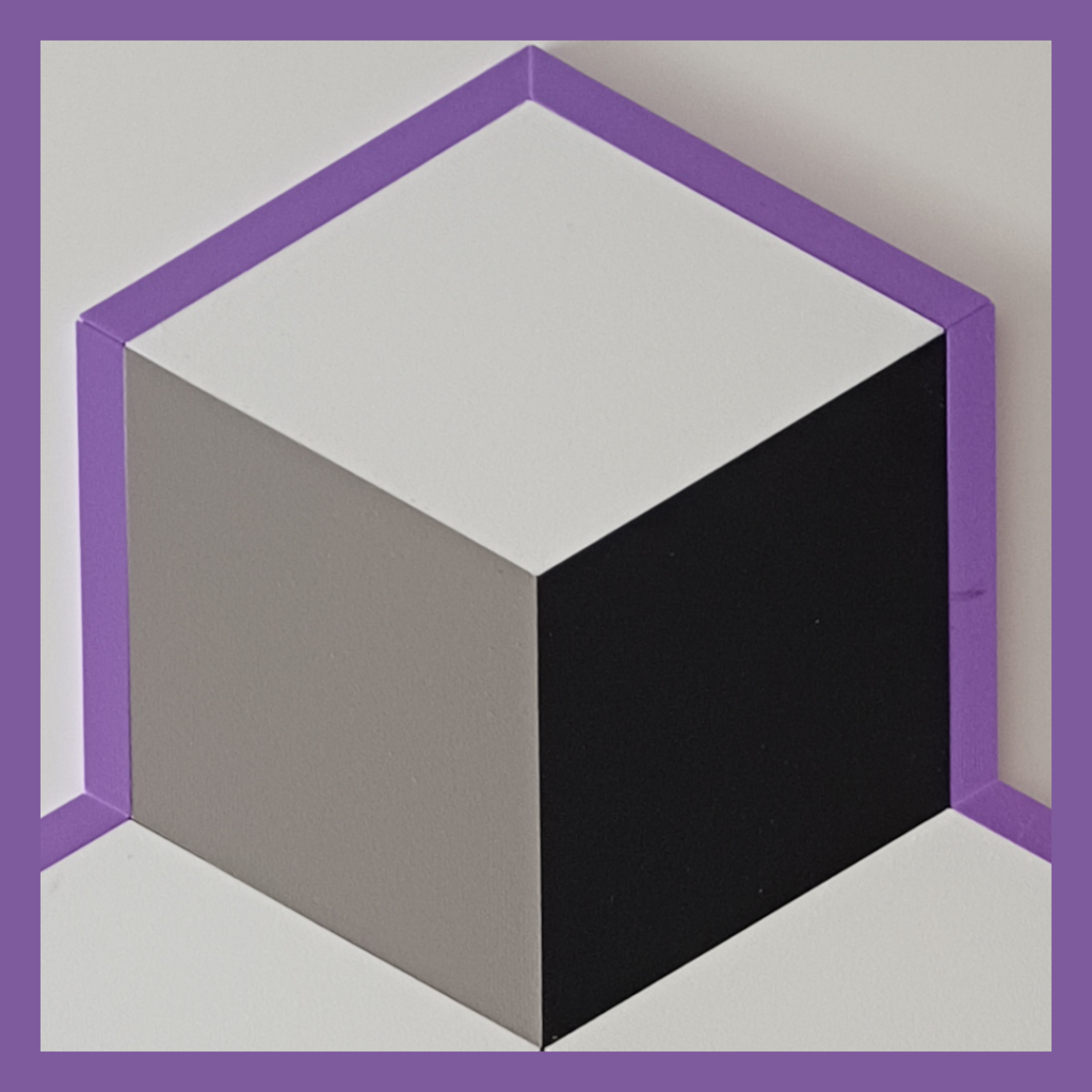 Front view details of an Escher inspired kube with a border used for decoration.