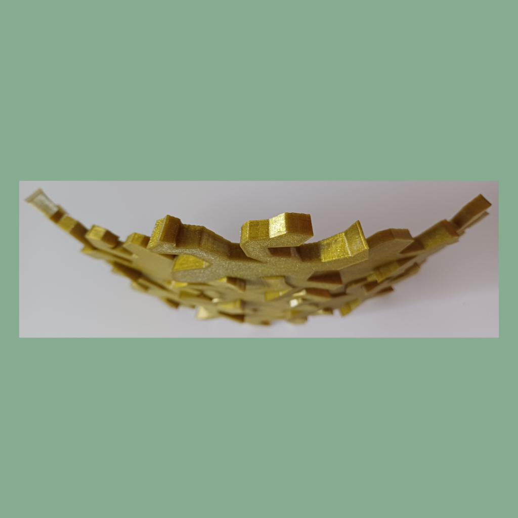 Top view of connected Escher inspired lizards snapped together showing the intended outwards curve used for decoration.