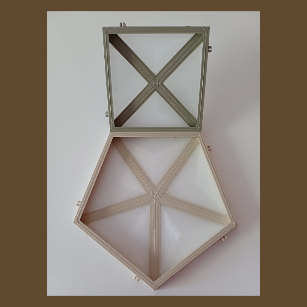 Connected clamp mechanism of a hanging lamp shaped like a Rhombicosidodecahedron used for lighting.