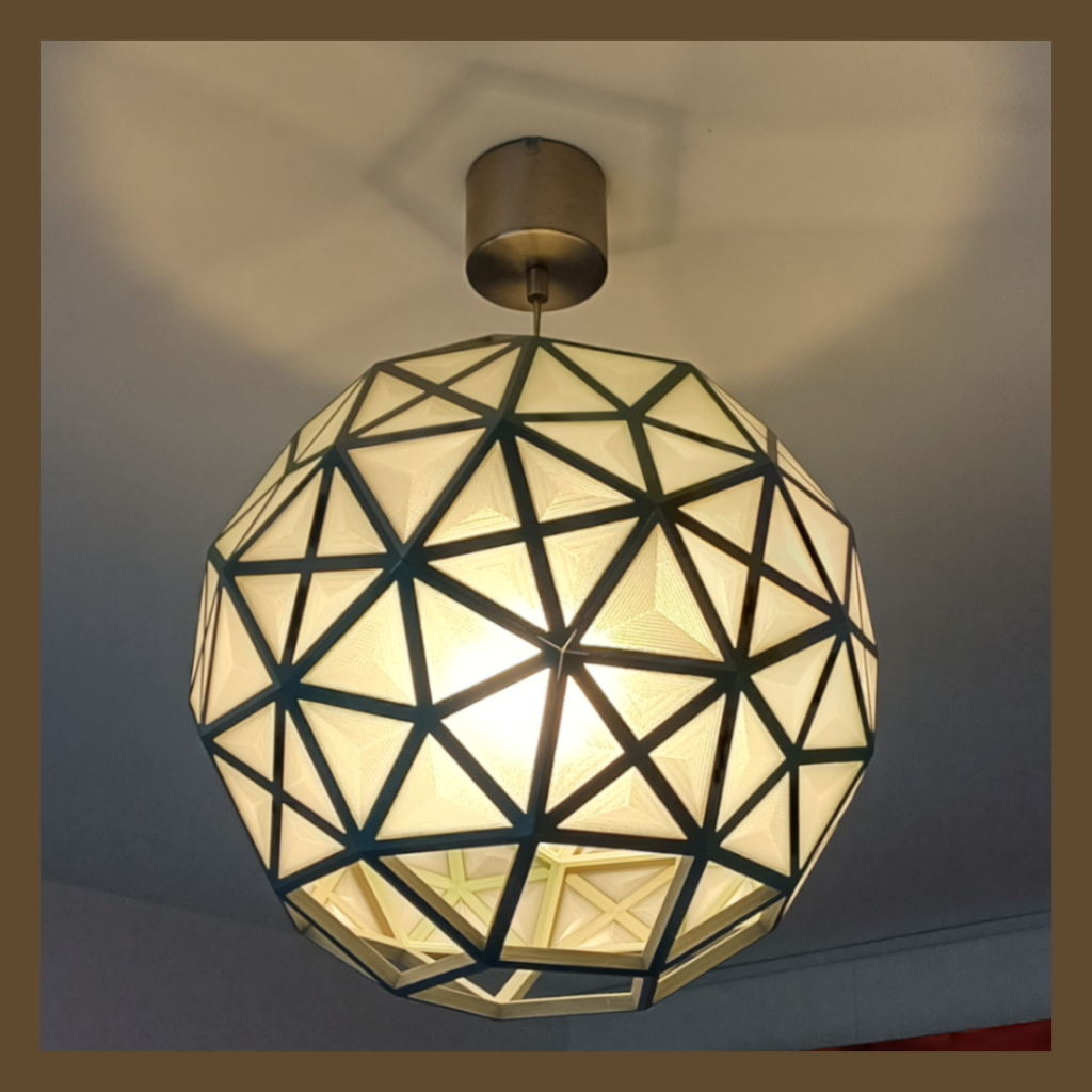 Side view details of a hanging lamp shaped like a Rhombicosidodecahedron used for lighting.