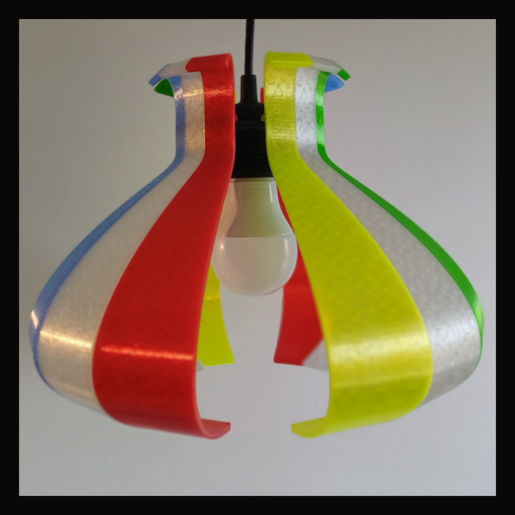 Inside view of a colorful segmented hanging lamp used for lighting.