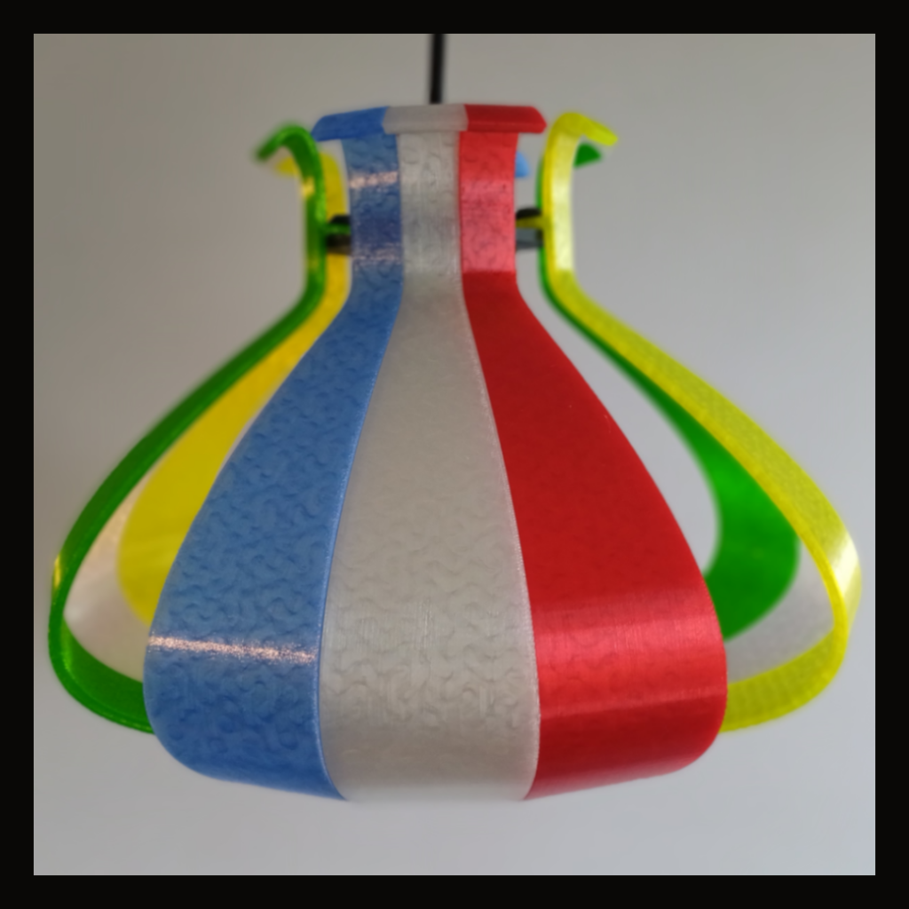 Side view of a colorful segmented hanging lamp used for lighting.
