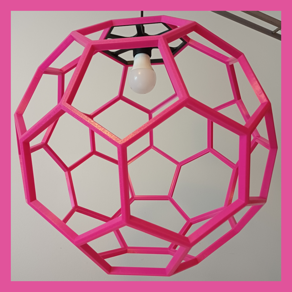 Bottom view of a hanging lamp shaped like a Truncated Icosahedron used for lighting.