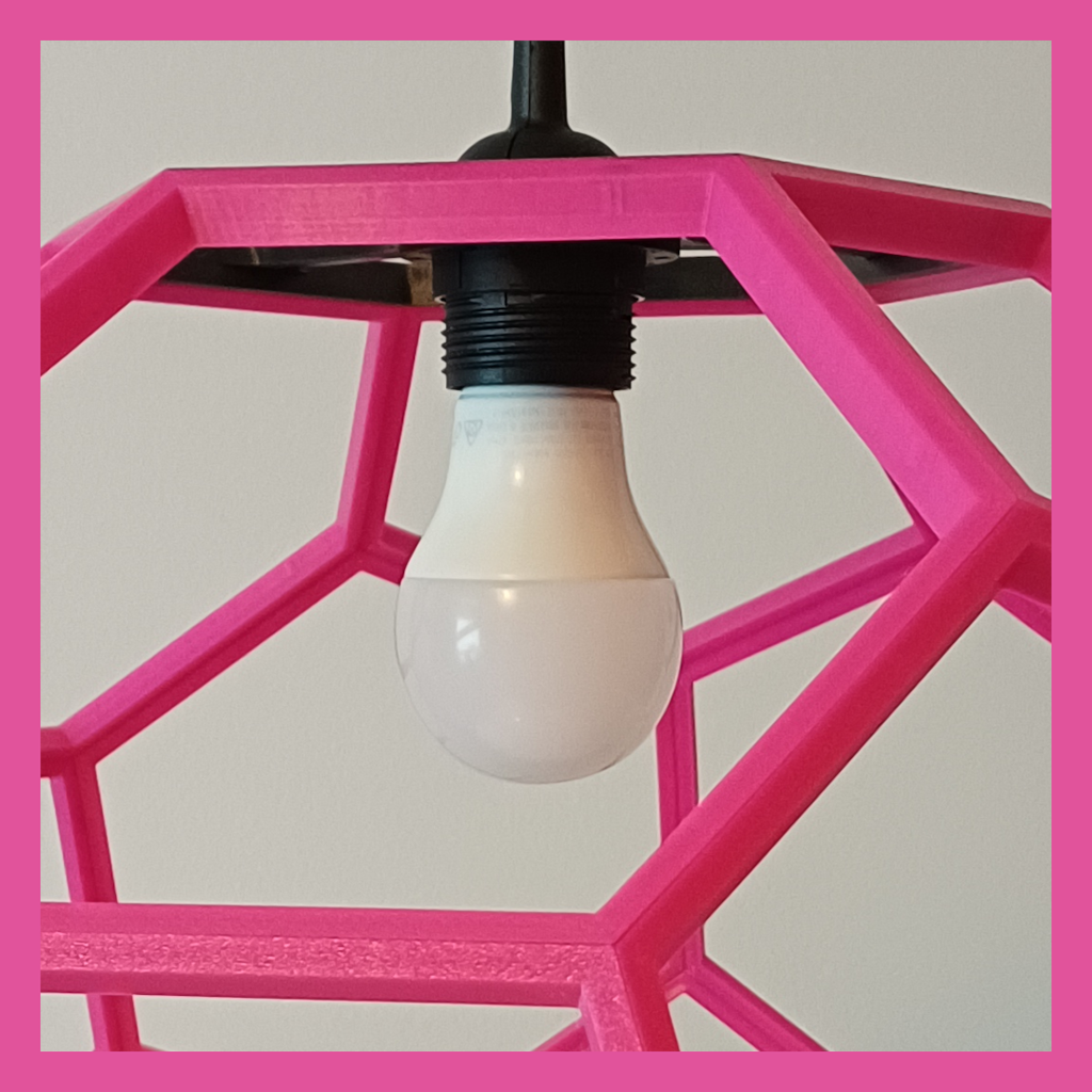 Side view details of a hanging lamp shaped like a Truncated Icosahedron used for lighting.