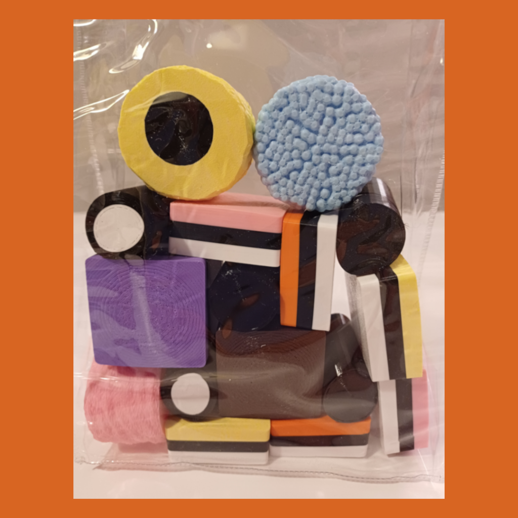 Back view of double sized liquorice allsorts in a transparent bag used for decoration.