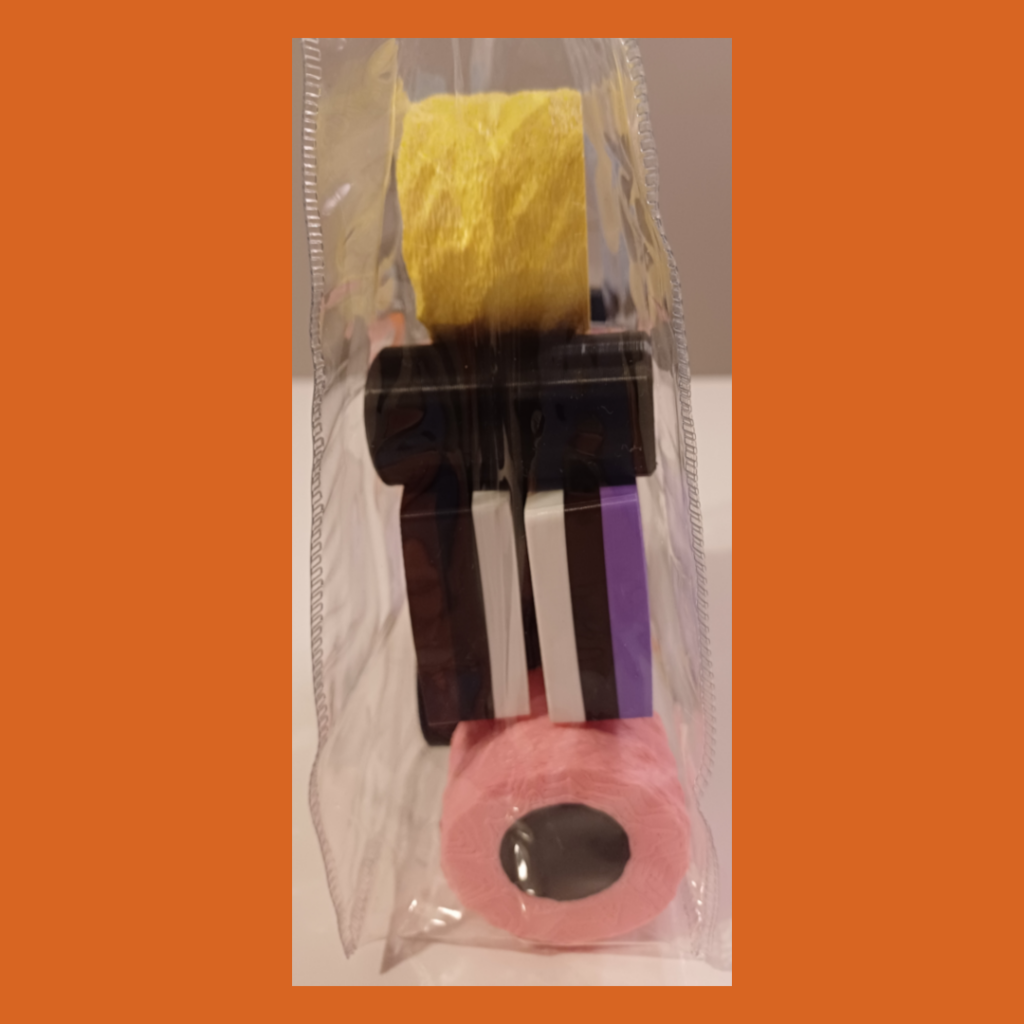Right view of double sized liquorice allsorts in a transparent bag used for decoration.