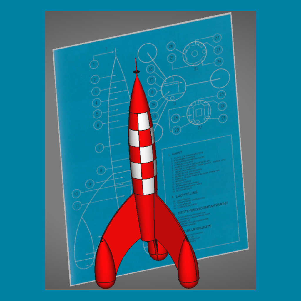 The blueprint used for the rocket as present in the comic book Tintin Destination Moon used for decoration.